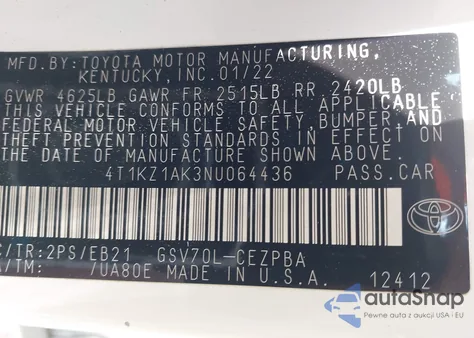 2022 Toyota Camry Trd z USA, uszkodzony, nr VIN 4T1KZ1AK3NU064436